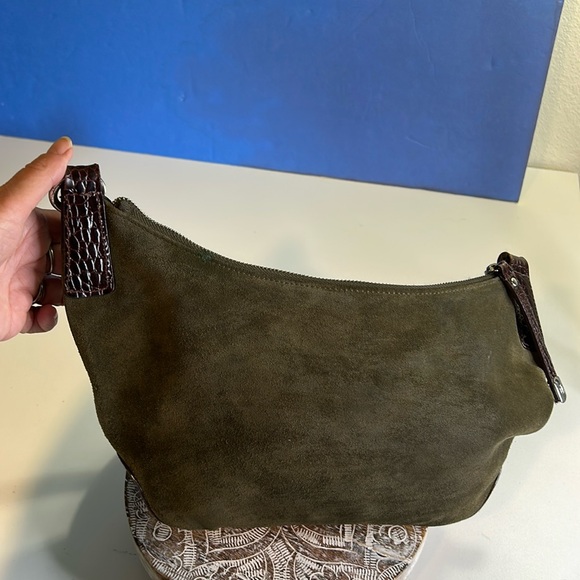 RALPH LAUREN GREEN SUEDE LEATHER, ANIMAL PRINT LEATHER STRAPS PURSE - Picture 2 of 14